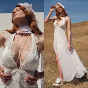 FOR LOVE & LEMONS Nicola High Neck Lace White Maxi Wedding Gown Size XS